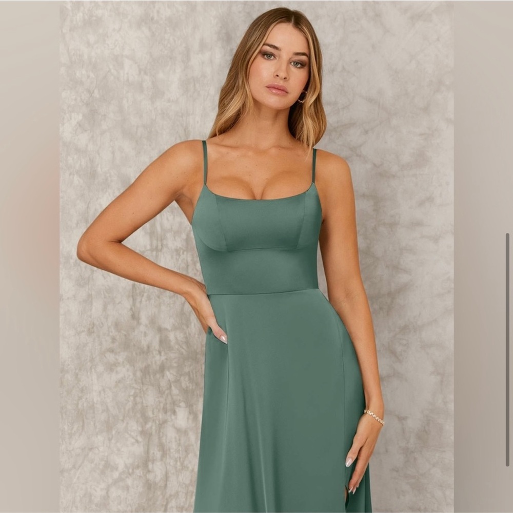 Azazie x Kendall + Kylie A-line Slit Bridesmaids Dress in Eucalyptus